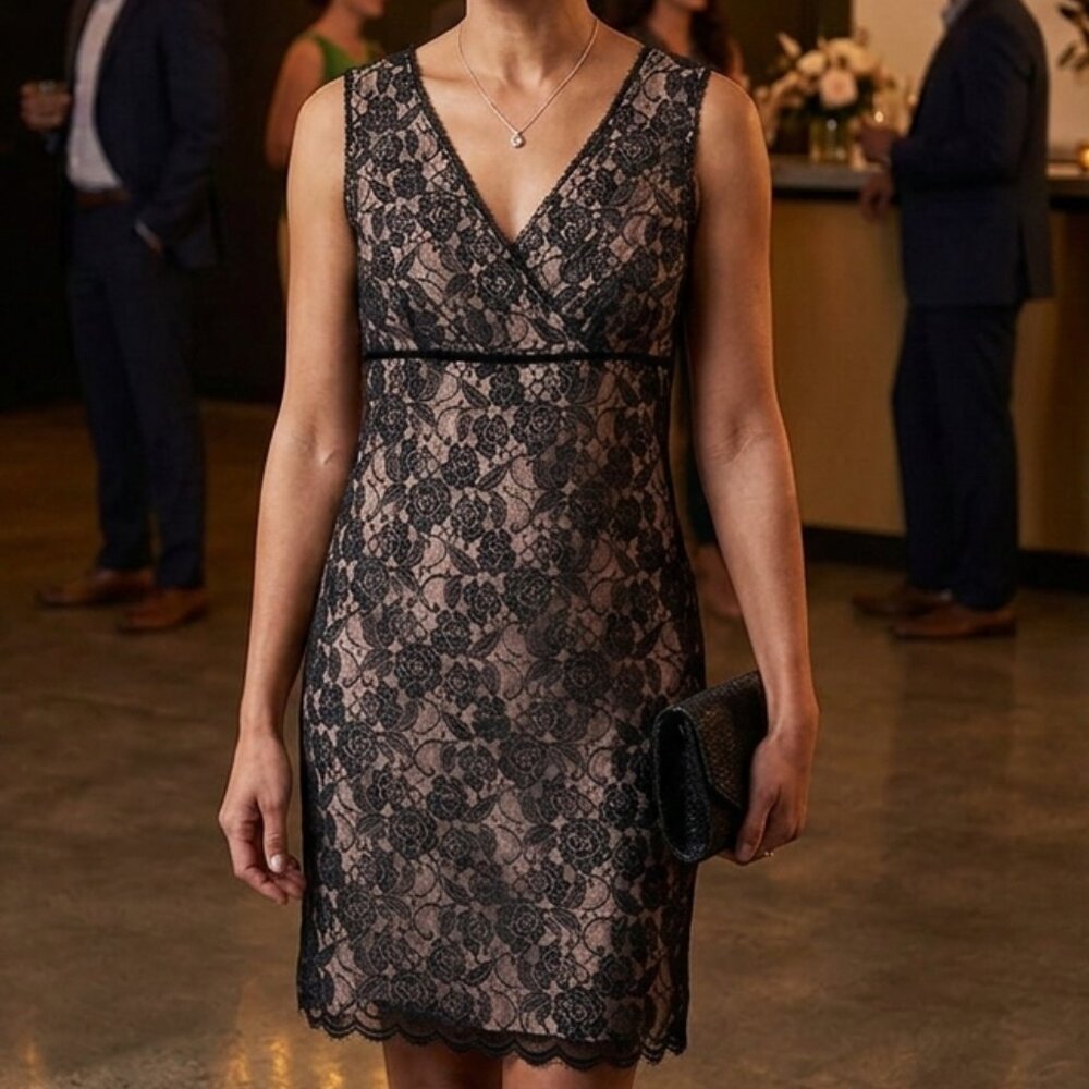 Ann Taylor Loft Dress 4 Petite Black Lace Tan Lining Babydoll Feminine Romantic